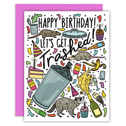 A variety of illustrations (racoon, possum, rat, assorted trash, cake slice, cupcake, champagne, and confetti) with illustrated text that says Happy Birthday! Let’s Get Trashed on a greeting card with a purple envelope.