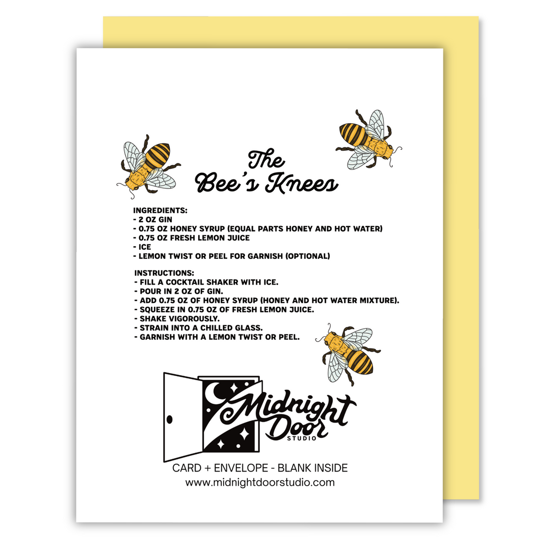 Back of the ‘You’re the bee’s knees’ bee’s knees greeting card with a bee’s knees recipe in a decorative black font and three small bee illustrations.