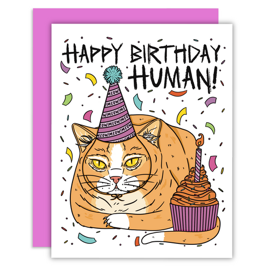 An orange cat with a chocolate cupcake that is in a purple wrapper with a candle. There is confetti and sprinkles around the illustration and text that says “Happy Birthday Human” in a way that looks like scratches.