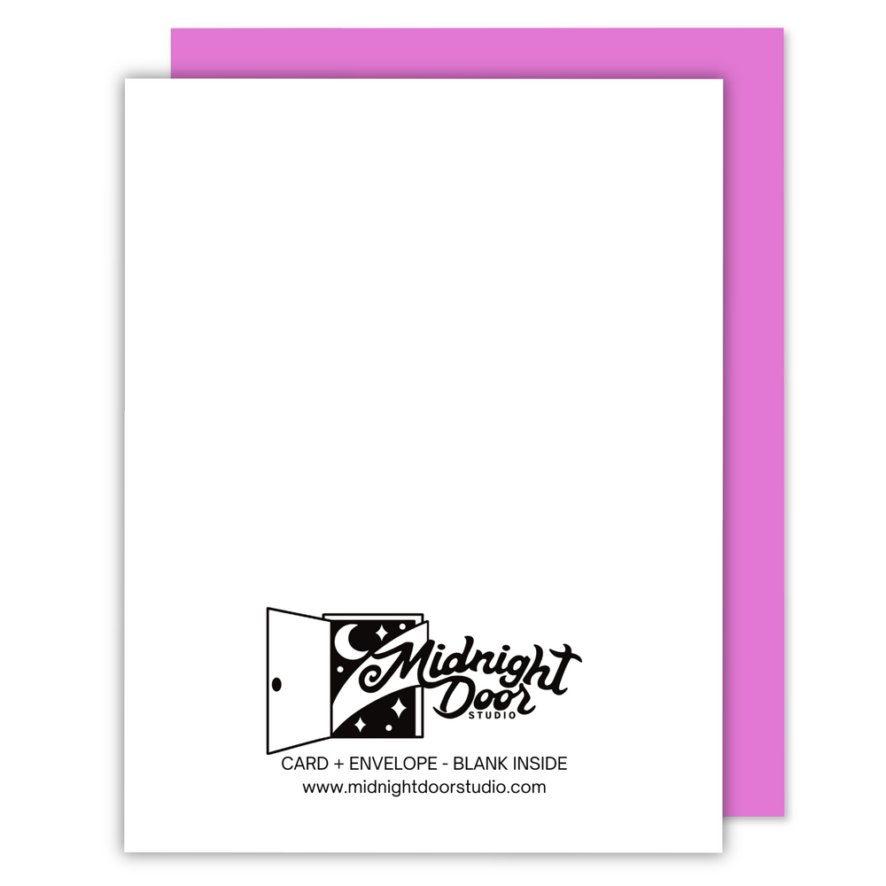 Back of greeting card that has logo (midnight door studio) with purple envelope.