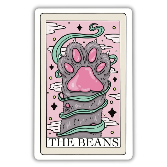 The beans tarot card vinyl sticker. A gray cat paw with pink toe beans and a green band wrapping around on a tarot card vinyl sticker.