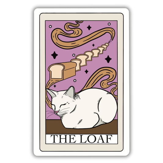 The Loaf Tarot Card Vinyl Sticker. A white cat sitting (loafing) on a brown floor with expanding bread above it on a tarot card vinyl sticker. 