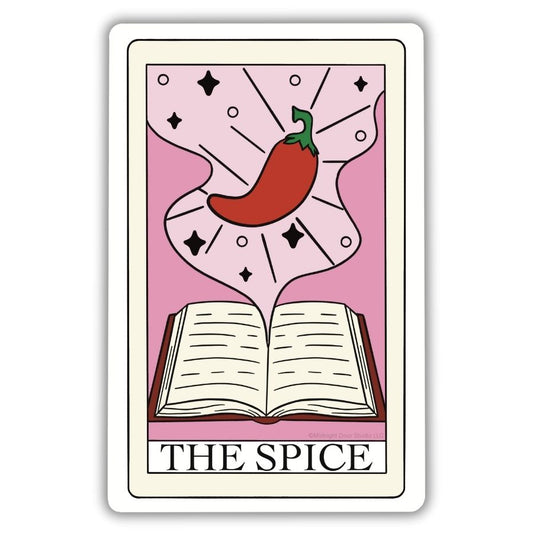 The Spice Tarot Card Vinyl Sticker. A book with a chili pepper on it and stars on a pink background on a tarot card vinyl sticker.