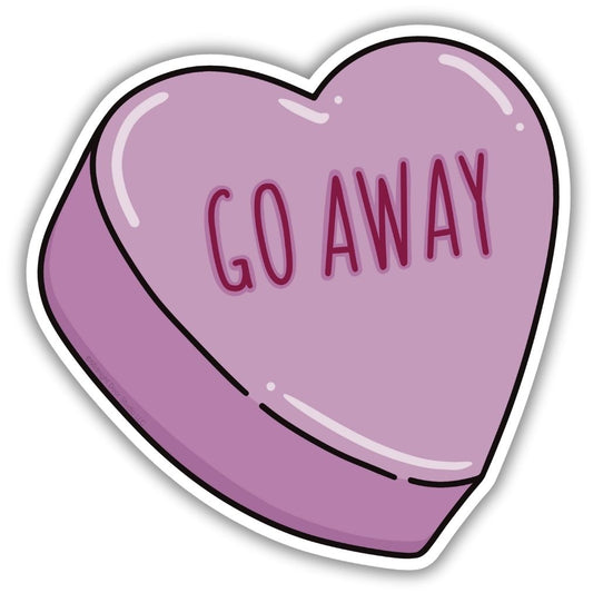 Pastel purple candy heart candy with the text in red that says “go away” on a vinyl sticker