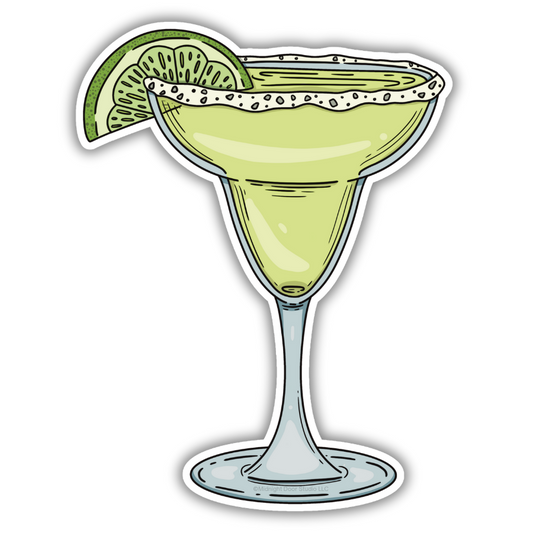 Margarita Cocktail Vinyl Sticker. A classic margarita glass with a salted rim and a vibrant lime wedge on a vinyl sticker. 