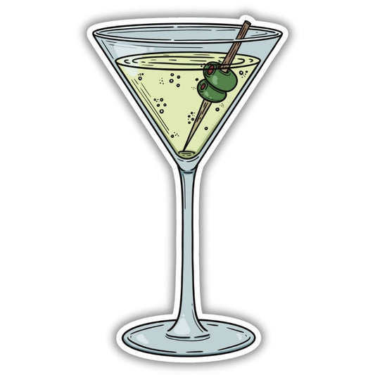 Martini Cocktail Vinyl Sticker. Classic martini with olives on a toothpick as a garnish on a vinyl sticker.