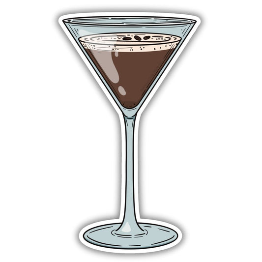Espresso Martini Cocktail Vinyl Sticker. Brown espresso martini with coffee bean garnish in a glass on a vinyl sticker.