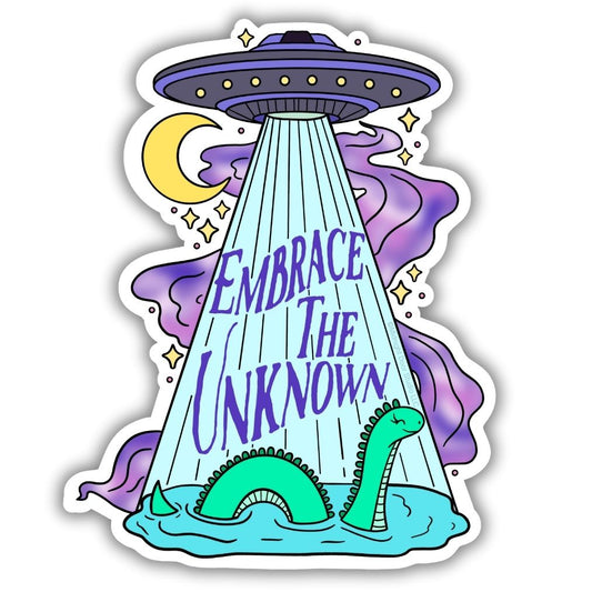 Purple and gray UFO with a light blue light sucking up water and the green loch ness monster with text that says embrace the unknown on a vinyl sticker.