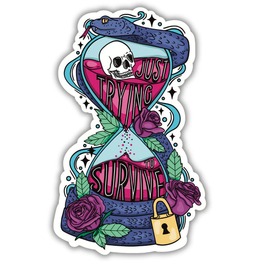 A blue snake with its mouth and teeth open wrapped around an hour glass that says just trying to survive with a gold lock at the base and a purple flower on a vinyl sticker.