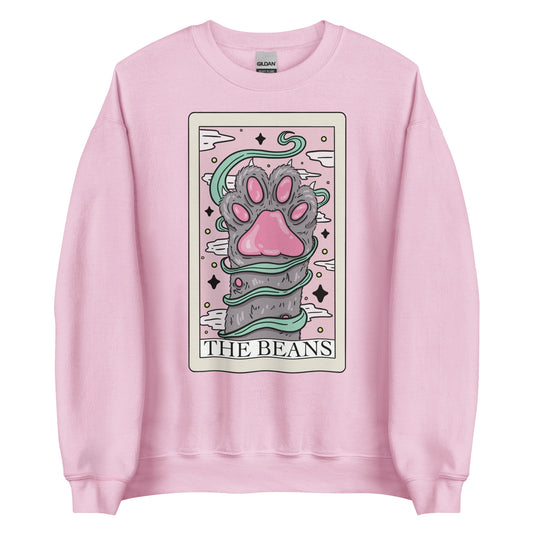 The Beans Tarot Card sweatshirt in color pink , cat paw toe beans on tarot card with decoration, keywords: cat toe beans, cat lover sweatshirt, funny cat meme vinyl sweatshirt crew neck