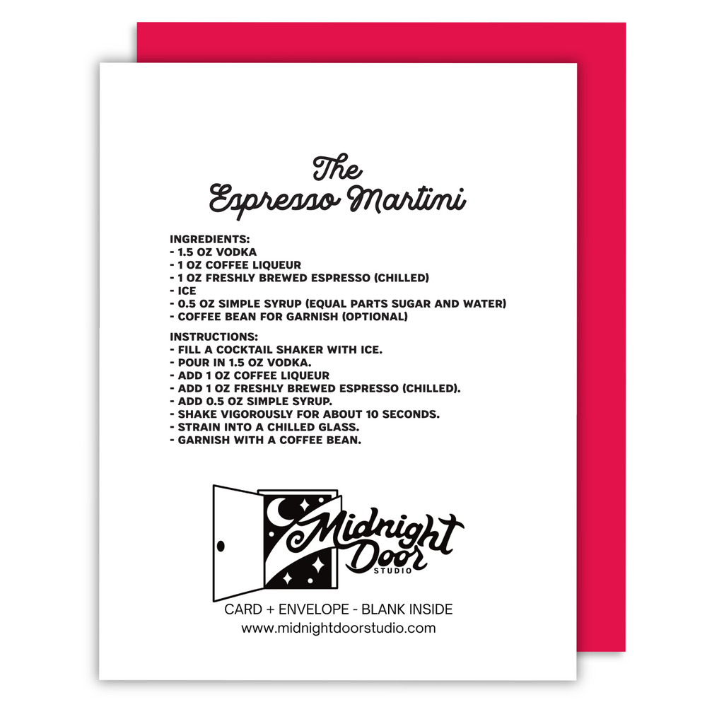 Back of Santa Fuel Christmas greeting card featuring an espresso martini cocktail recipe