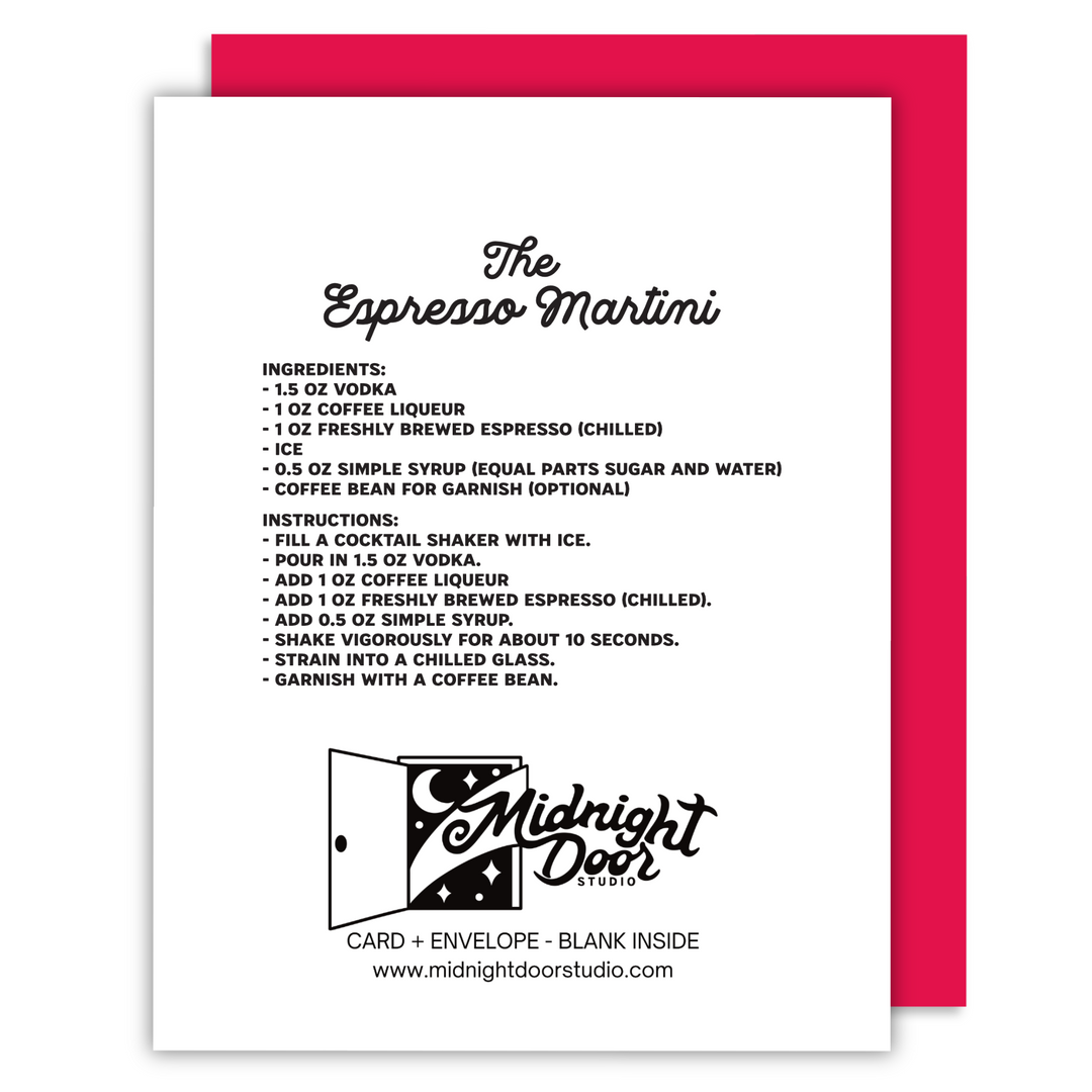 Back of Santa Fuel Christmas greeting card featuring an espresso martini cocktail recipe