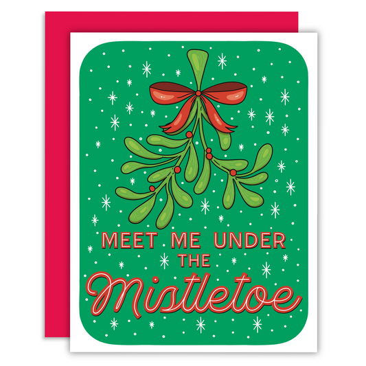 A mistletoe with a bow illustration and decorative text that says meet me under the mistletoe with star decorations around it on a greeting card.