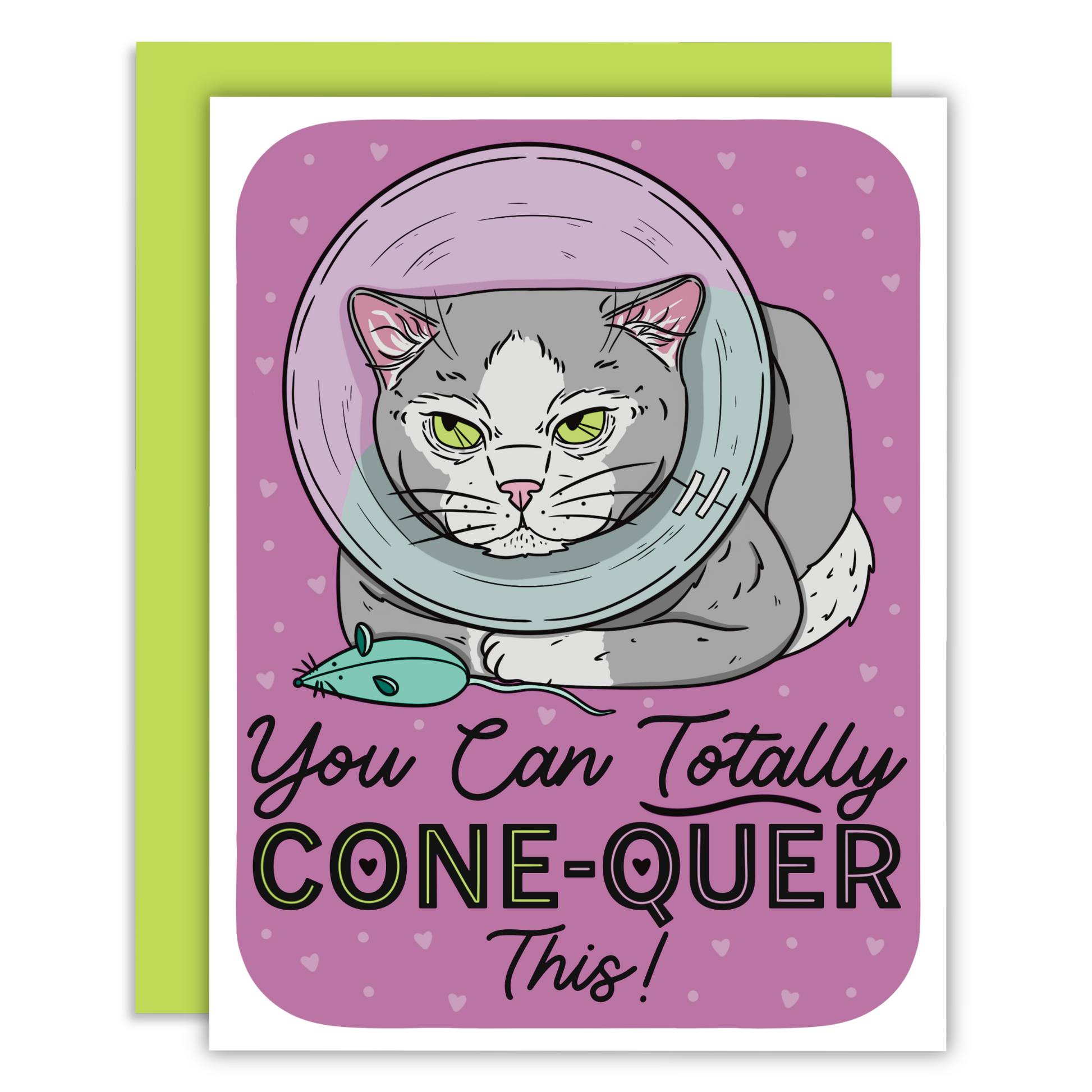 A gray cat with green eyes in a loaf position in a cone on a purple background on a greeting card
