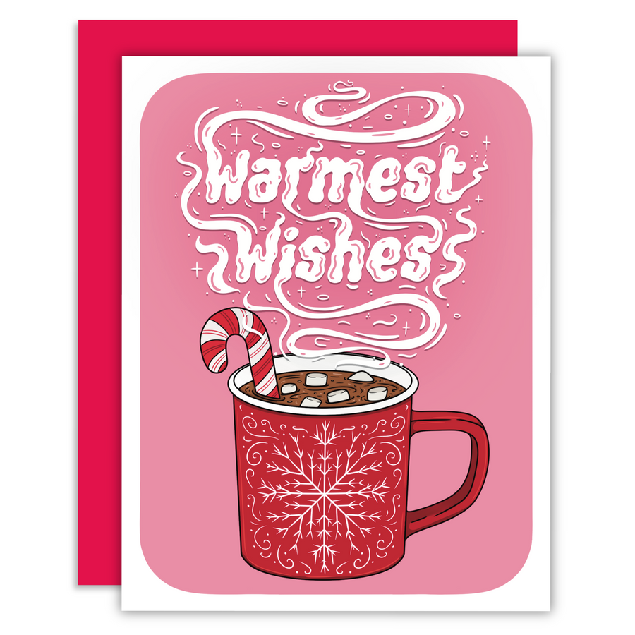 Holiday greeting card with a mug of steaming hot cocoa, a candy cane inside, a snowflake design on the mug, and the words 'Warmest Wishes' spelled out in the steam