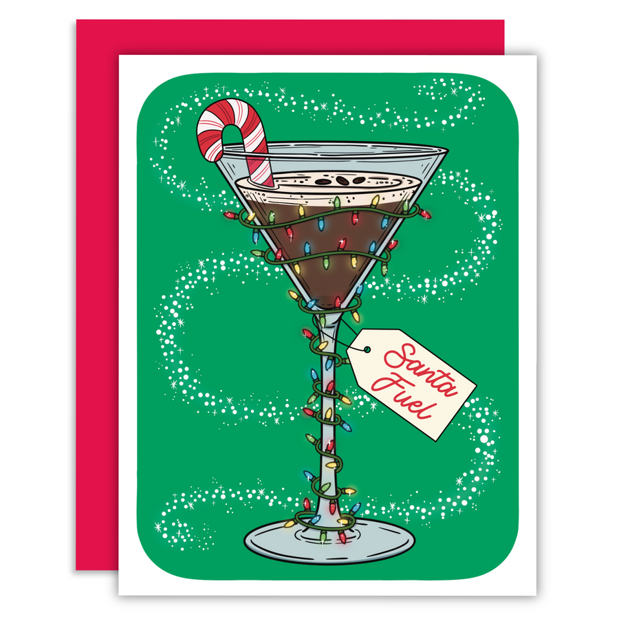Christmas-themed greeting card featuring an espresso martini with a candy cane garnish, surrounded by holiday lights and a tag that reads 'Santa Fuel'