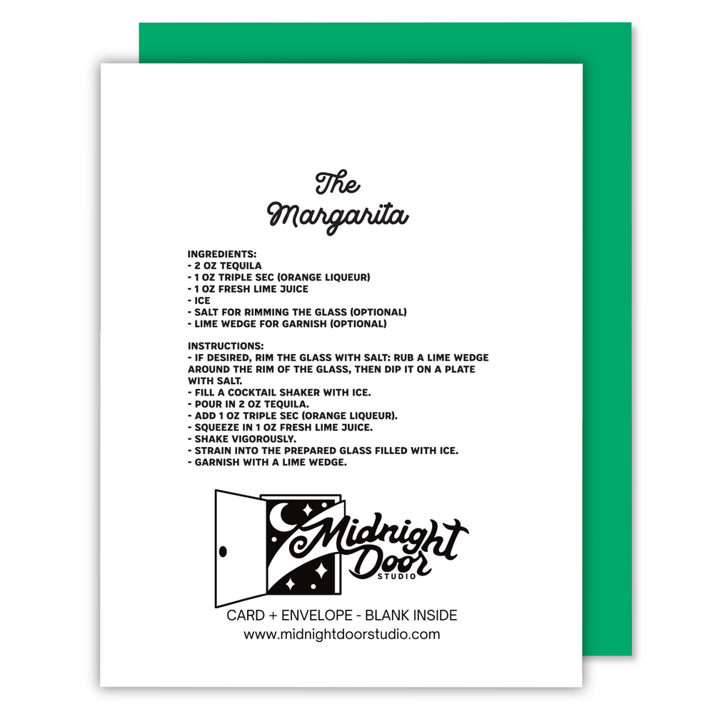 Back of Tequila-lalala Margarita Christmas Greeting Card featuring a margarita cocktail recipe