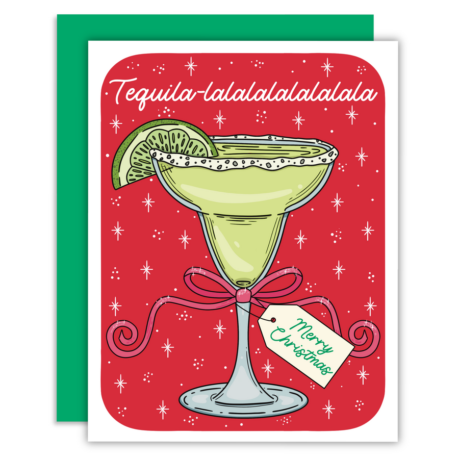 Illustration of a festive margarita glass with a red bow and a tag that reads "Merry Christmas," set against a snowy background with white snowflakes. The text on the greeting card says "Tequila-lalalalalalalala" in playful holiday lettering.