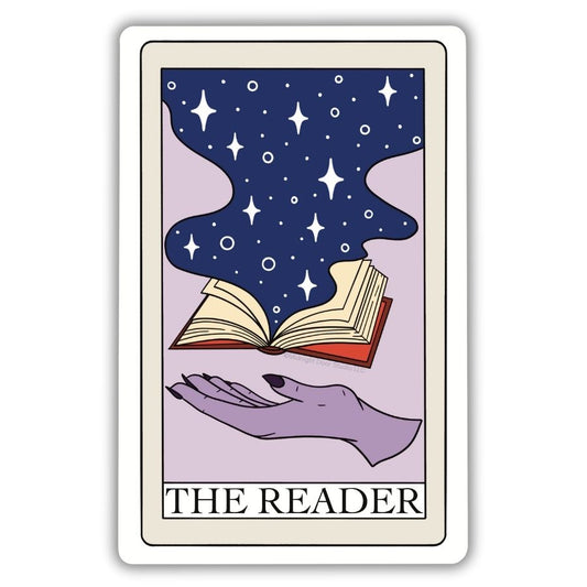 The Reader Tarot Card Vinyl Sticker. A purple hand with pointy black fingernails underneath a red open book and navy colored magic with white stars coming out of the book on a purple background on a tarot card vinyl sticker.