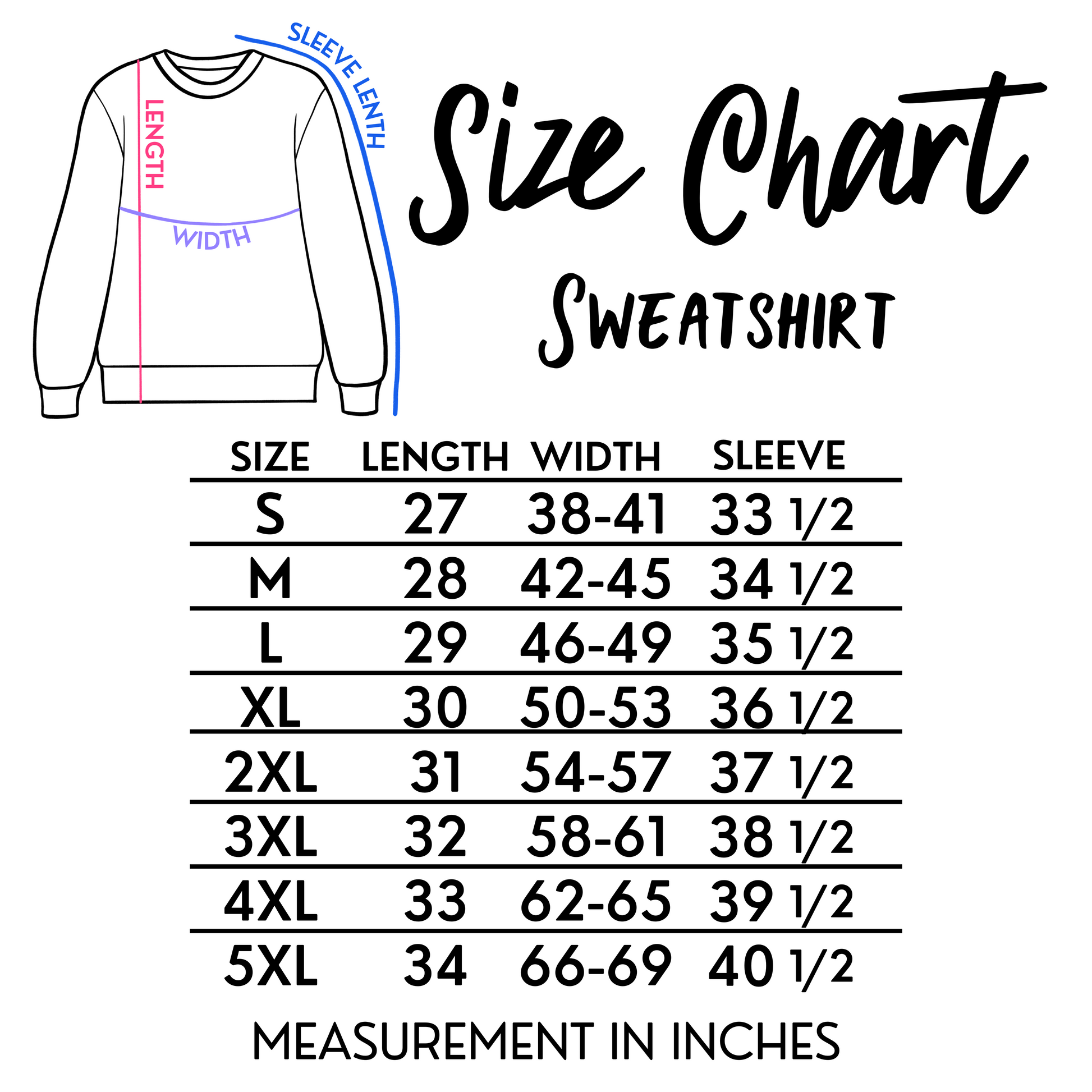 Women Sweatshirt Size Chart