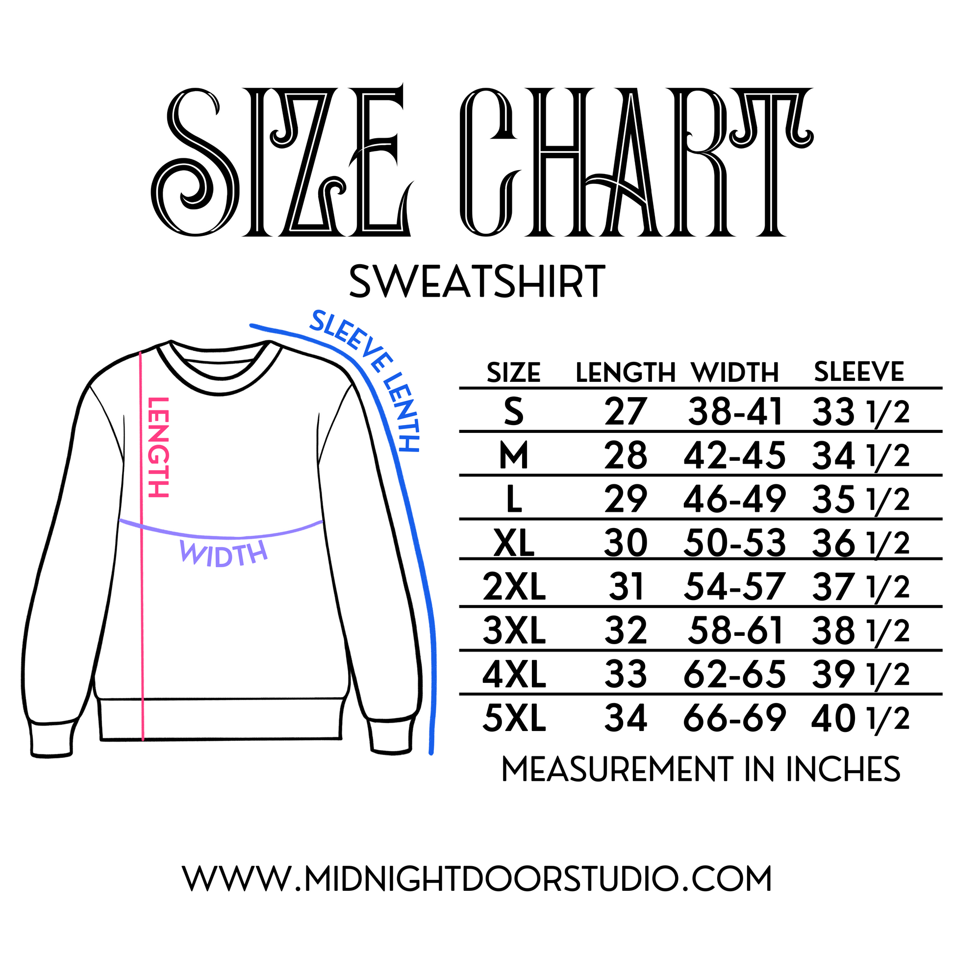 Midnight Door Studio Sweatshirt Size Chart