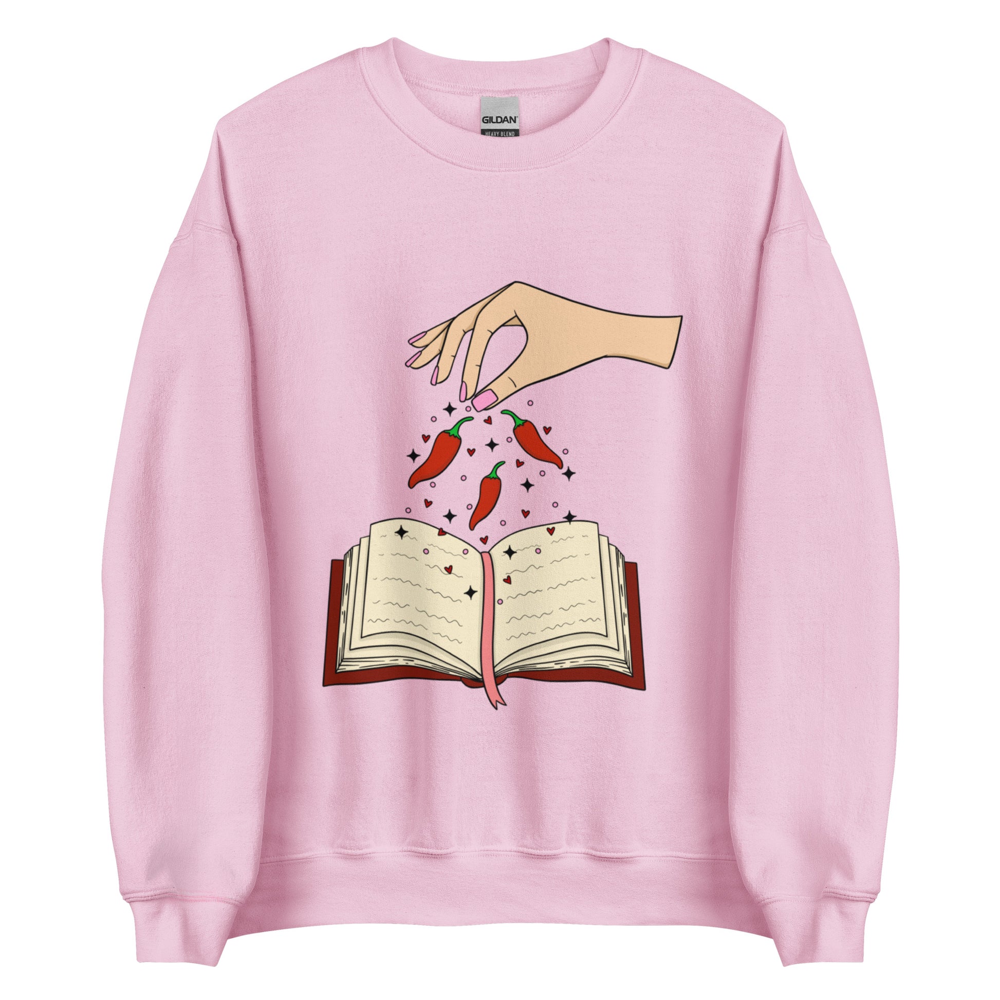 Spicy Books Fair Crew Neck Sweatshirt, Hand with chills sprinkling over book. Keywords: romance sweatshirt, smut reader, book lover hoodie, enemies to lovers, dark romance, smutty, spicy books, bookish sweatshirt, book gift under 50, fantasy romance