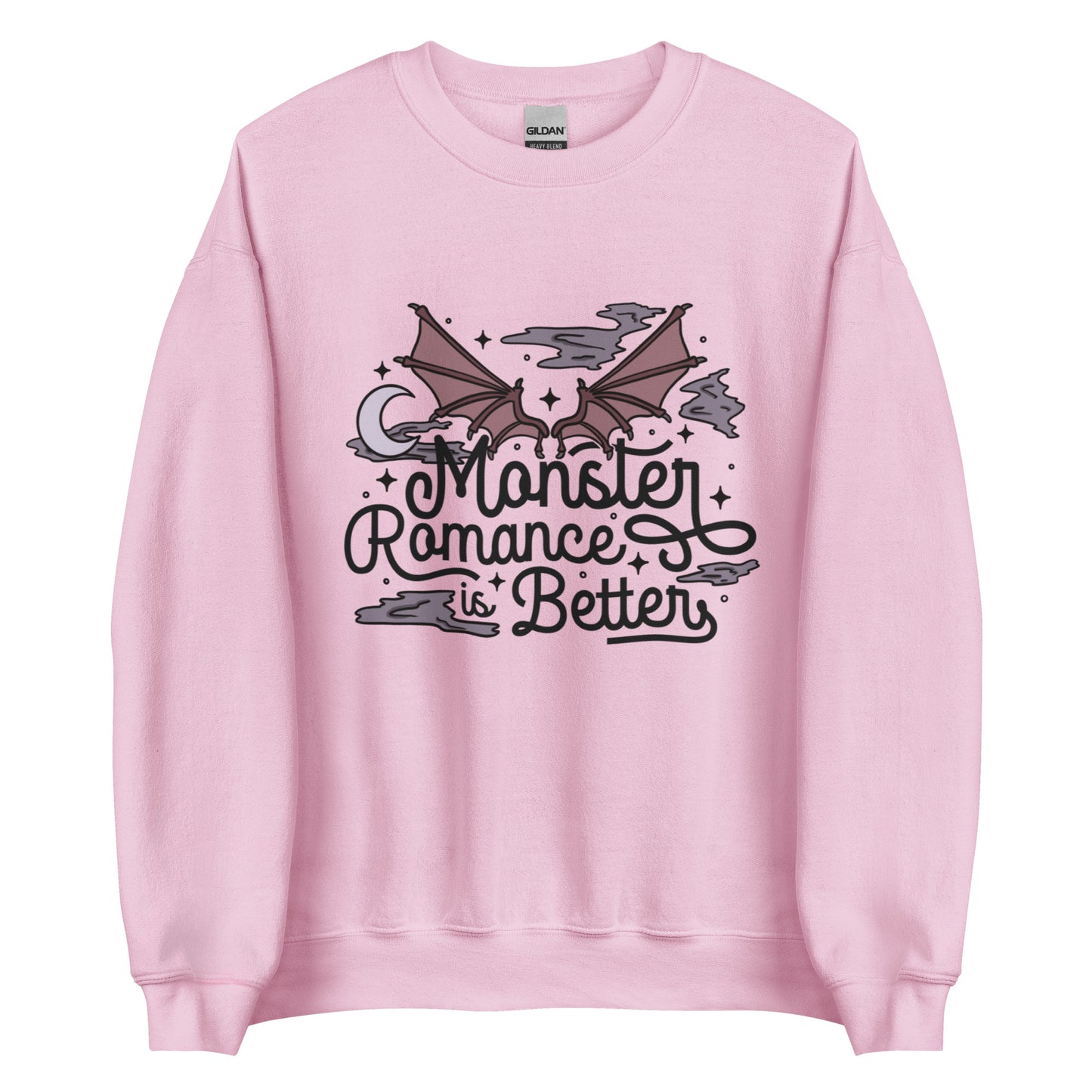 Monster romance sweatshirt in pink. Monster romance is better with wings at top and a moon and clouds. Keywords: bookish merch, dark romance, fantasy romance, spicy books, bookish gift