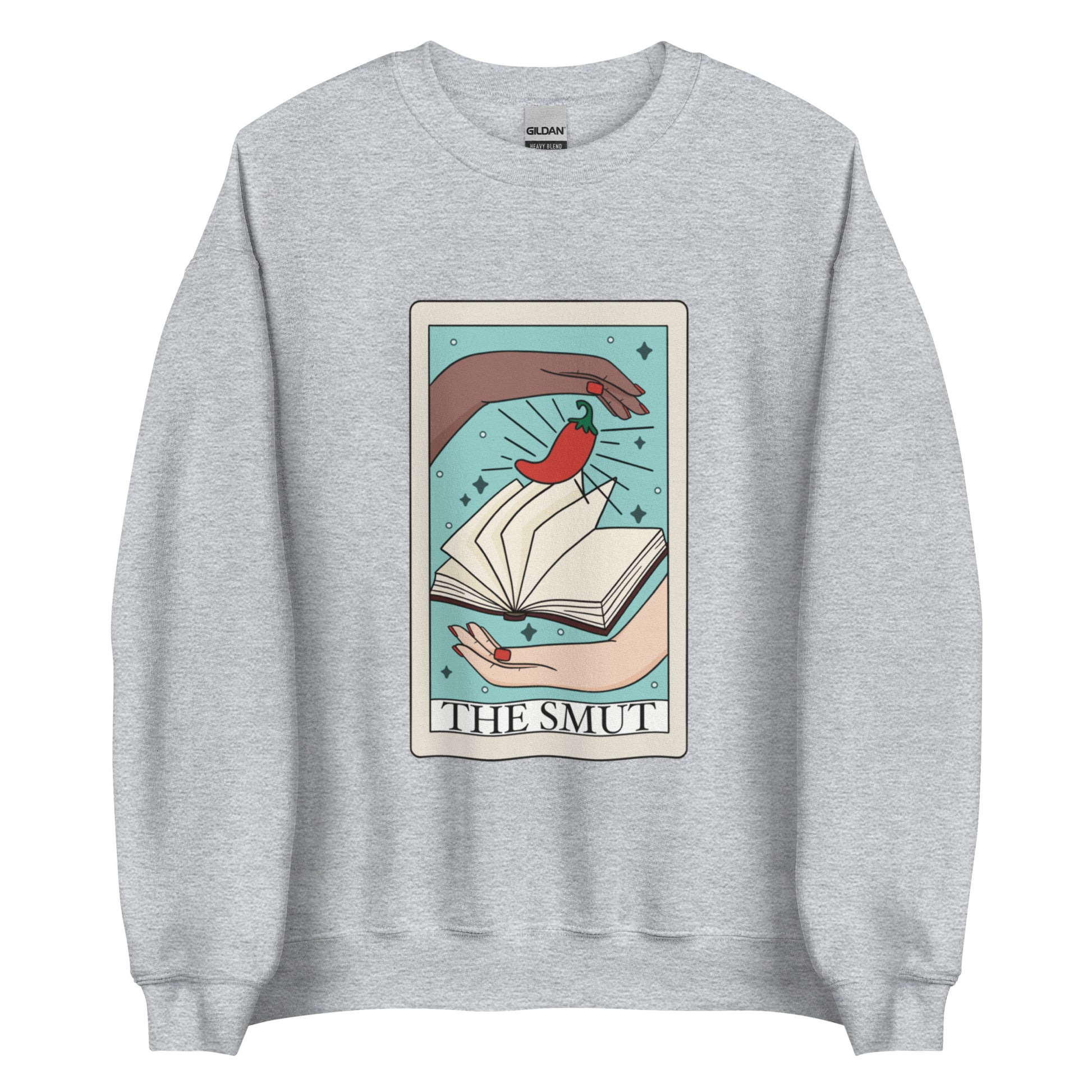 The smut tarot card sweatshirt in color grey, two hands with book and chilli pepper on tarot card with text that says the smut. Keywords: bookish, bookworm, fantasy romance, dark romance, spicy books, smut reader,