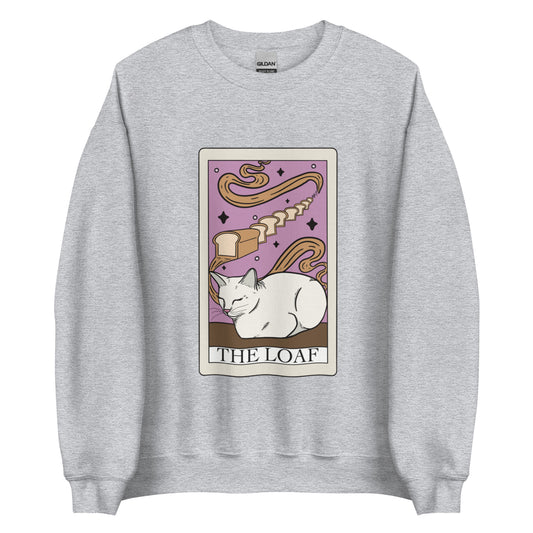 The loaf cat tarot card sweatshirt, white cat with bread in background on tarot card printed on a sweatshirt. Keywords: funny cat sweatshirt, cat lover tarot cards, cat lover gift, funny cat design, tarot card sweatshirt, midnight door studio