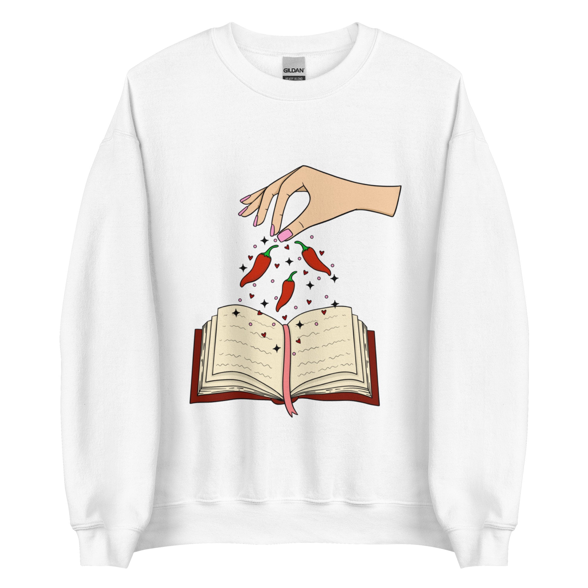 Spicy Books Fair Crew Neck Sweatshirt, Hand with chills sprinkling over book. Keywords: romance sweatshirt, smut reader, book lover hoodie, enemies to lovers, dark romance, smutty, spicy books, bookish sweatshirt, book gift under 50, fantasy romance