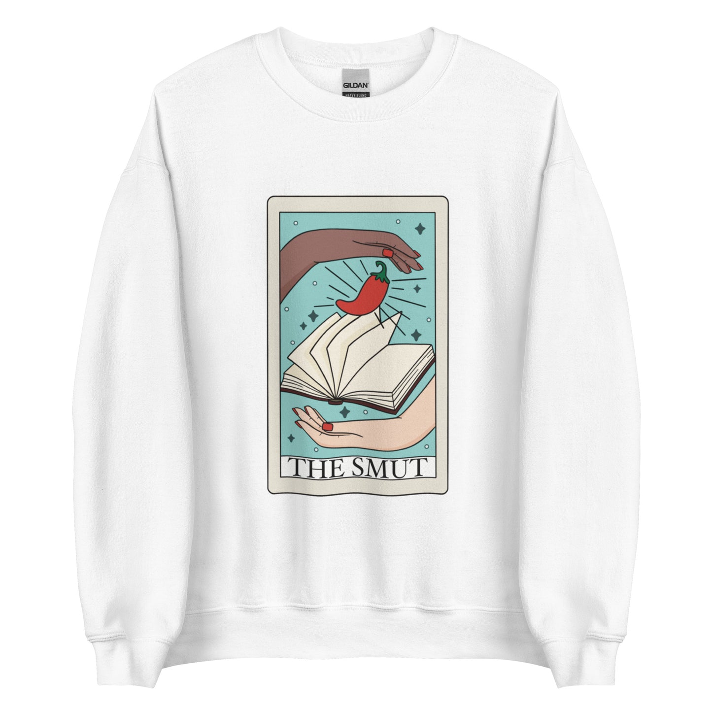 The smut tarot card sweatshirt in color white, two hands with book and chilli pepper on tarot card with text that says the smut. Keywords: bookish, bookworm, fantasy romance, dark romance, spicy books, smut reader,