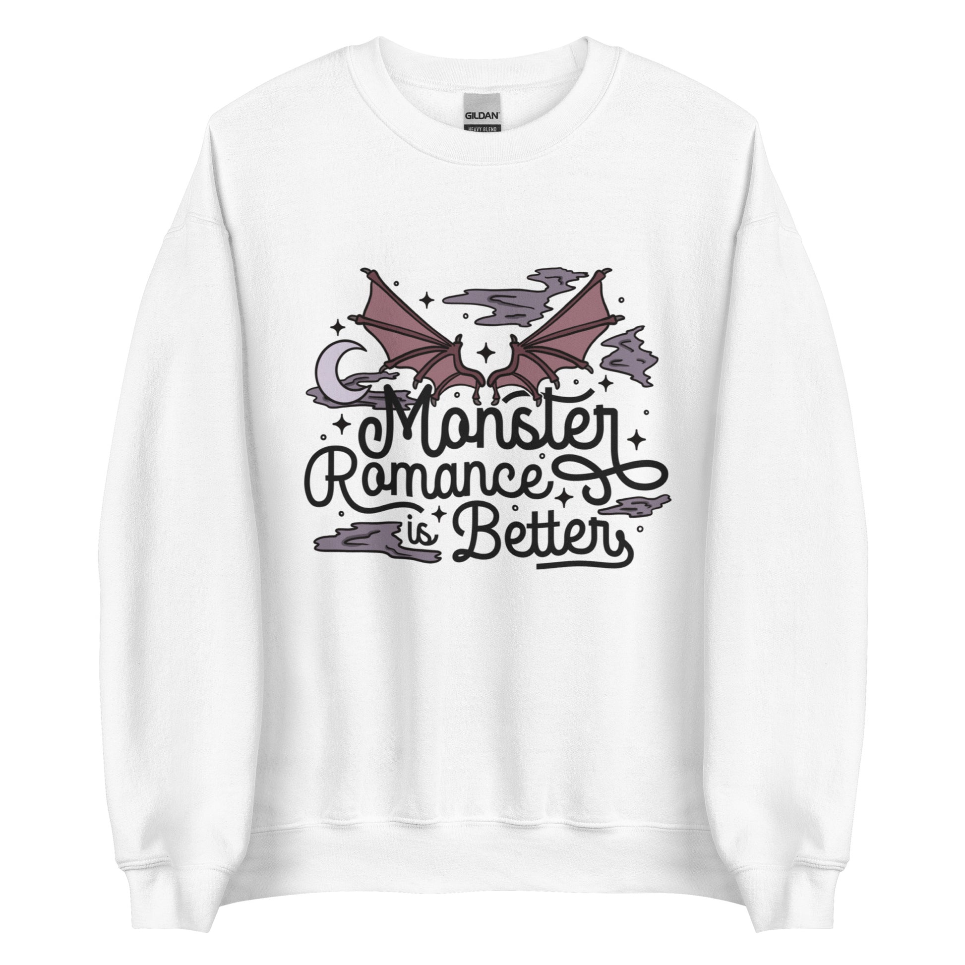 Monster romance sweatshirt in white. Monster romance is better with wings at top and a moon and clouds. Keywords: bookish merch, dark romance, fantasy romance, spicy books, bookish gift