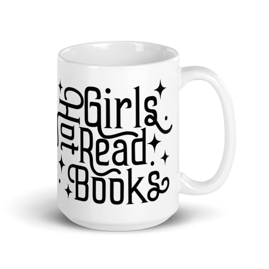 Hot girls read books typography in black with stars and dots on a white ceramic mug