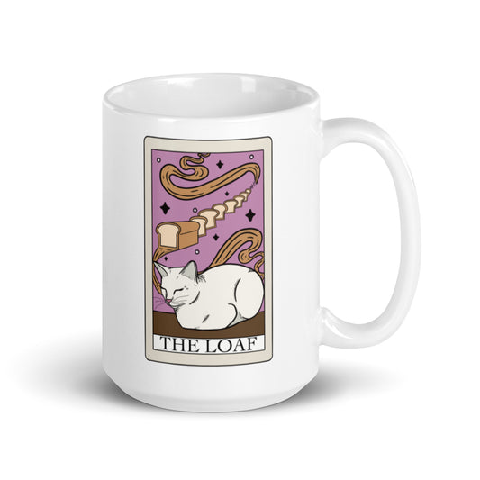 The loaf cat tarot card ceramic mug, white cat with bread in background on tarot card printed on a mug