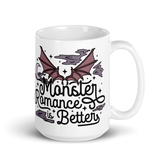 Monster romance mug. Monster romance is better with wings at top and a moon and clouds. Keywords: bookish merch, dark romance, fantasy romance, spicy books, bookish gift, bookish coffee cup