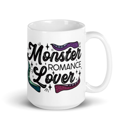 Decorative text that says ‘monster romance lover’ with tentacles in jewel tones. There are decorative stars and dots. This design is printed on a white ceramic mug.